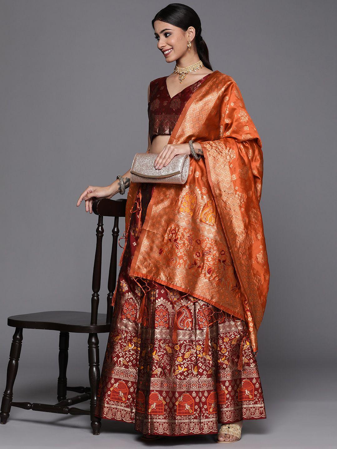 mitera women magenta & orange batik semi-stitched lehenga unstitched blouse & dupatta