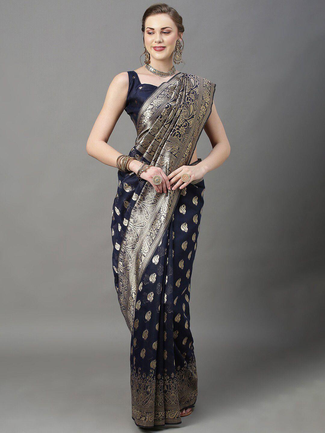 mitera women navy blue & gold ethnic motifs zari silk cotton banarasi saree