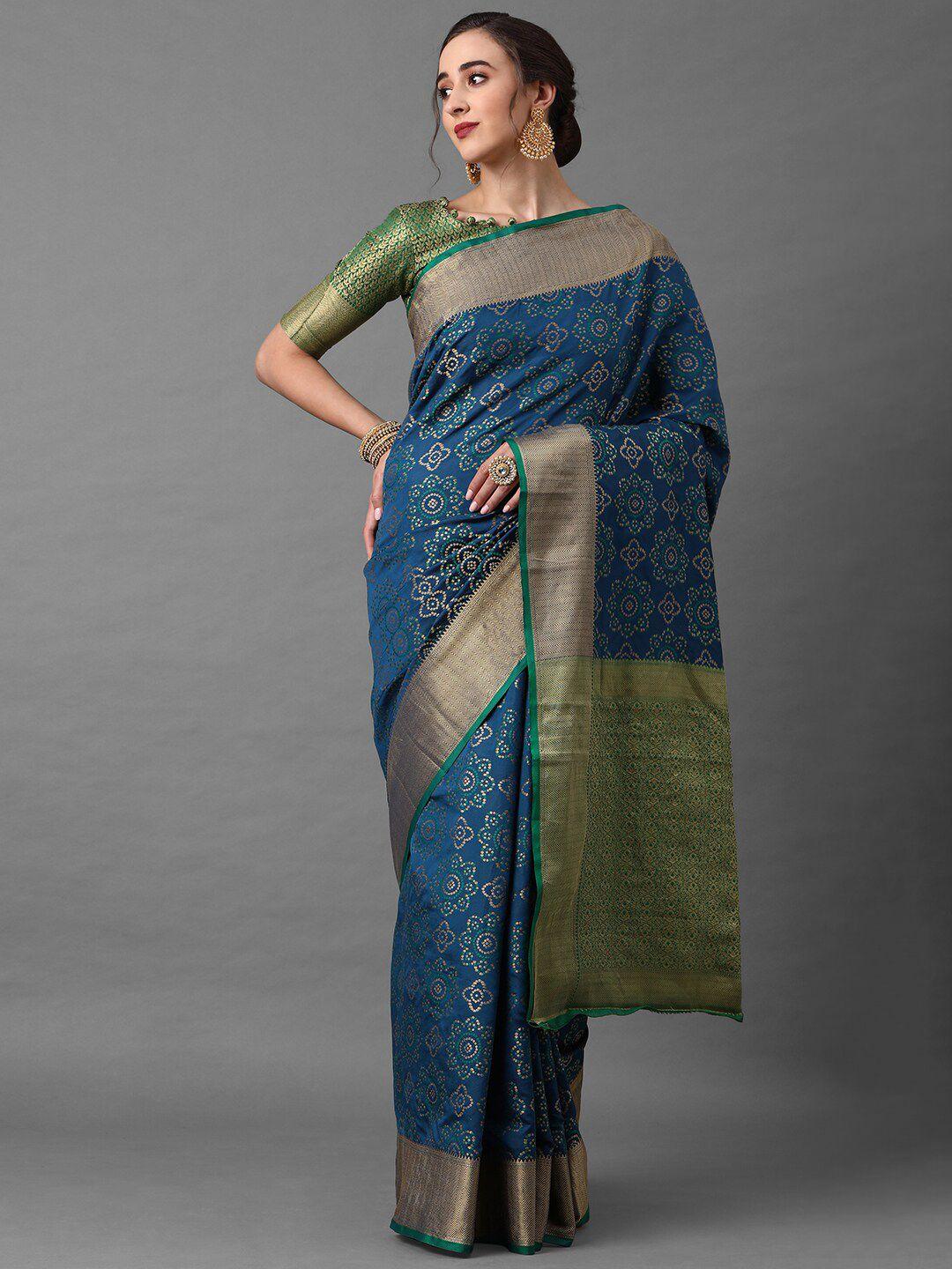 mitera women navy blue & green woven designed banarasi saree