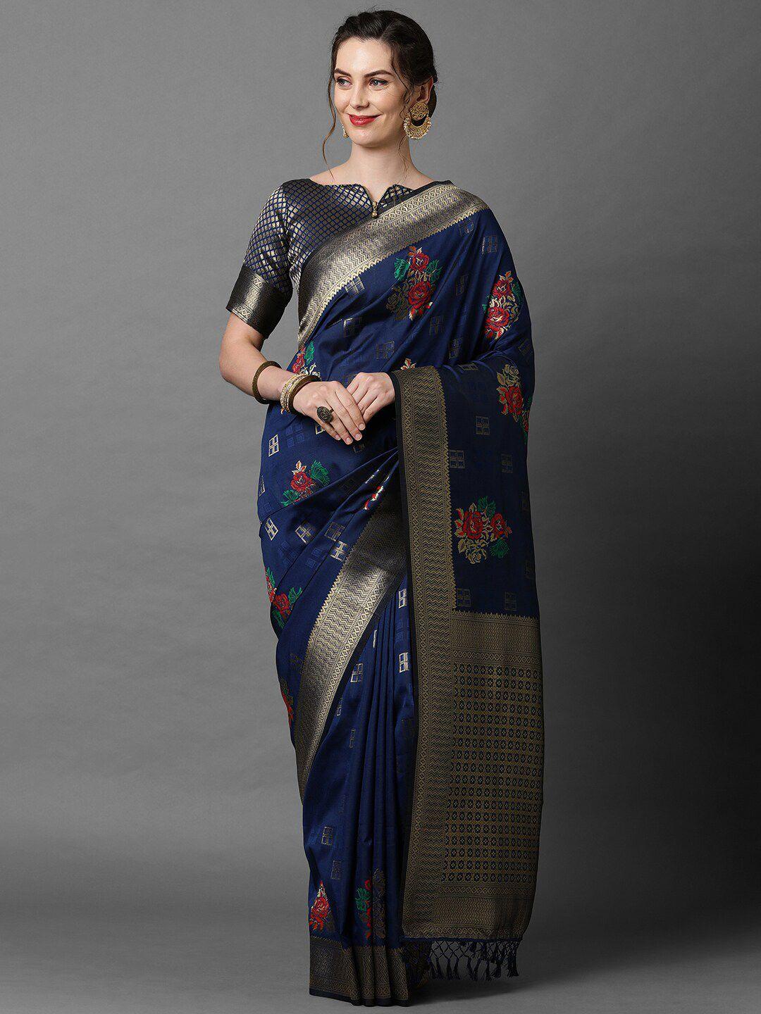 mitera women navy blue-coloured floral printed saree