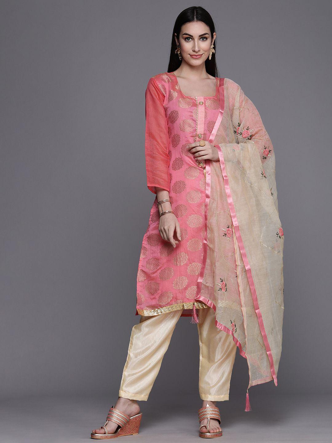 mitera women pink & gold-toned unstitched kurta set material
