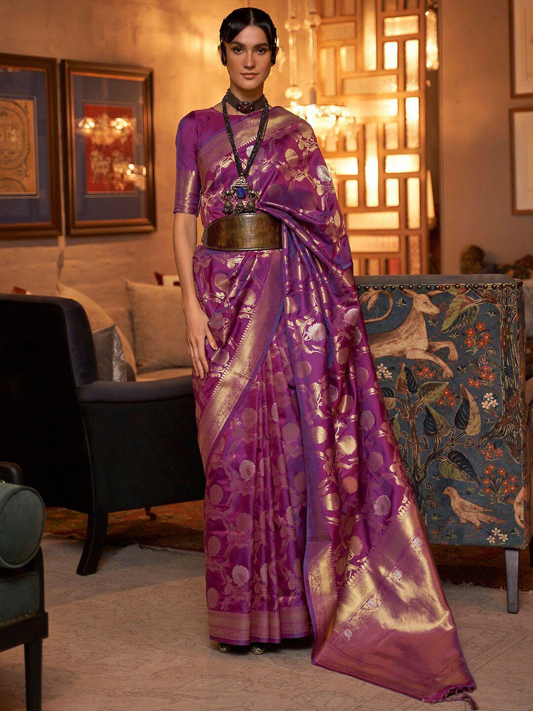 mitera women purple & gold-toned woven design zari silk blend banarasi saree