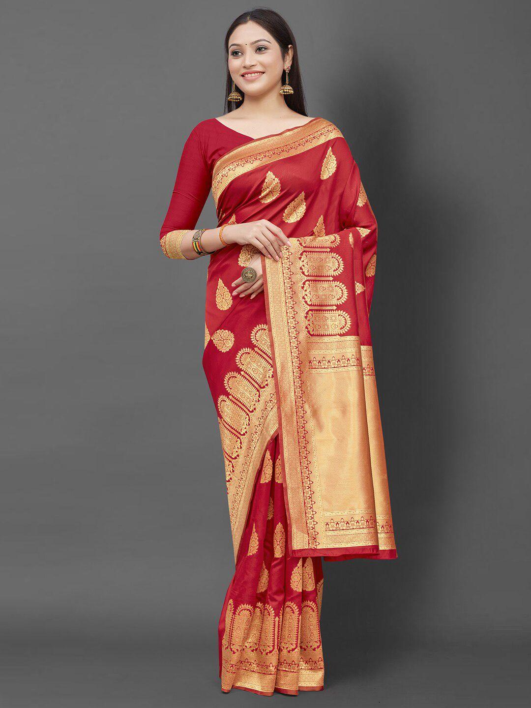 mitera women red & gold-toned woven design zari silk blend banarasi saree