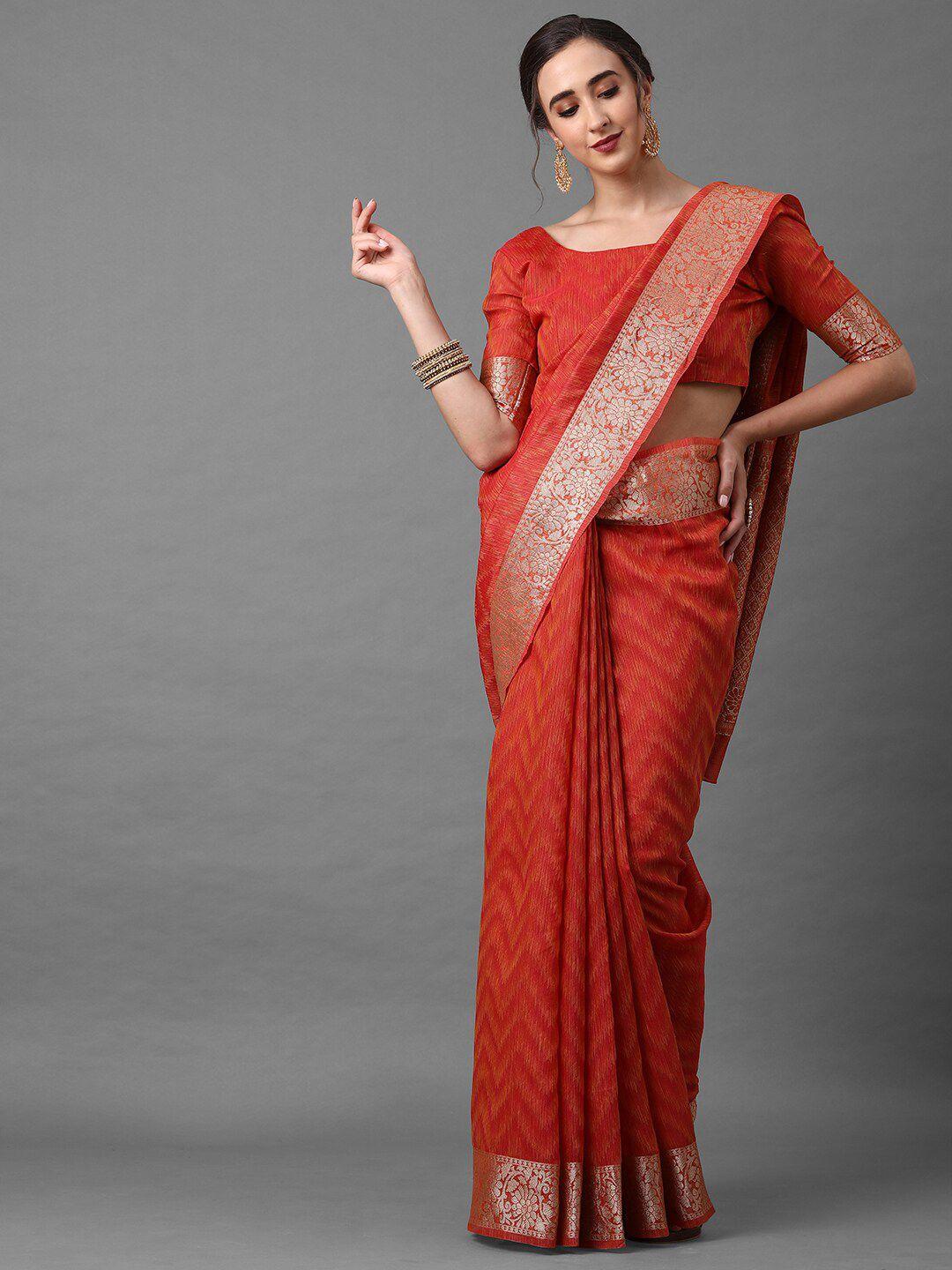 mitera women rust & gold-toned woven designed saree