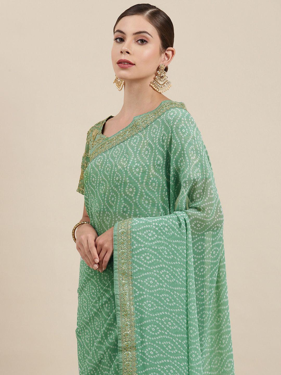 mitera women sea green & white embroidered pure georgette bandhani saree