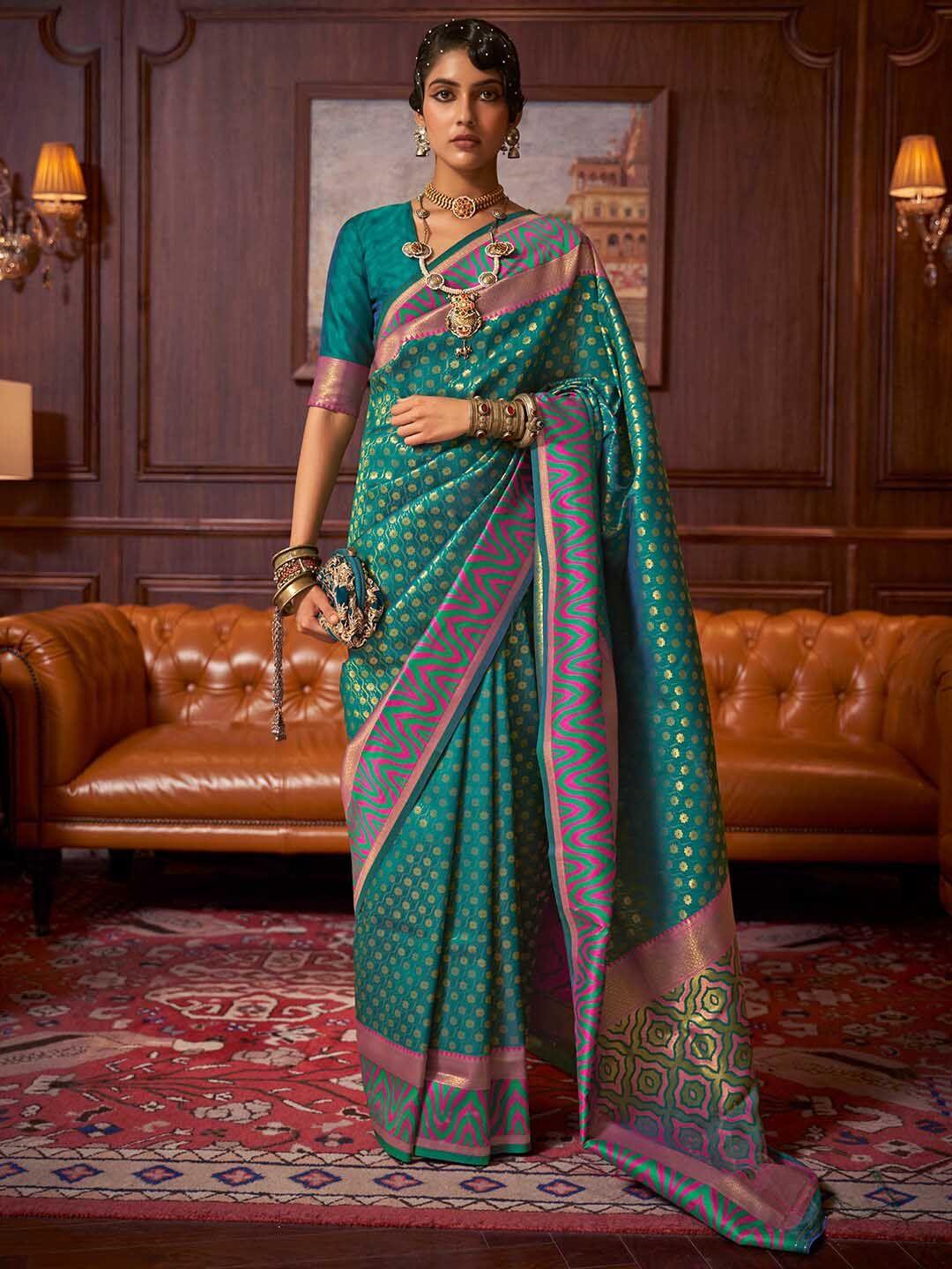 mitera women teal & gold-toned paisley silk blend banarasi saree