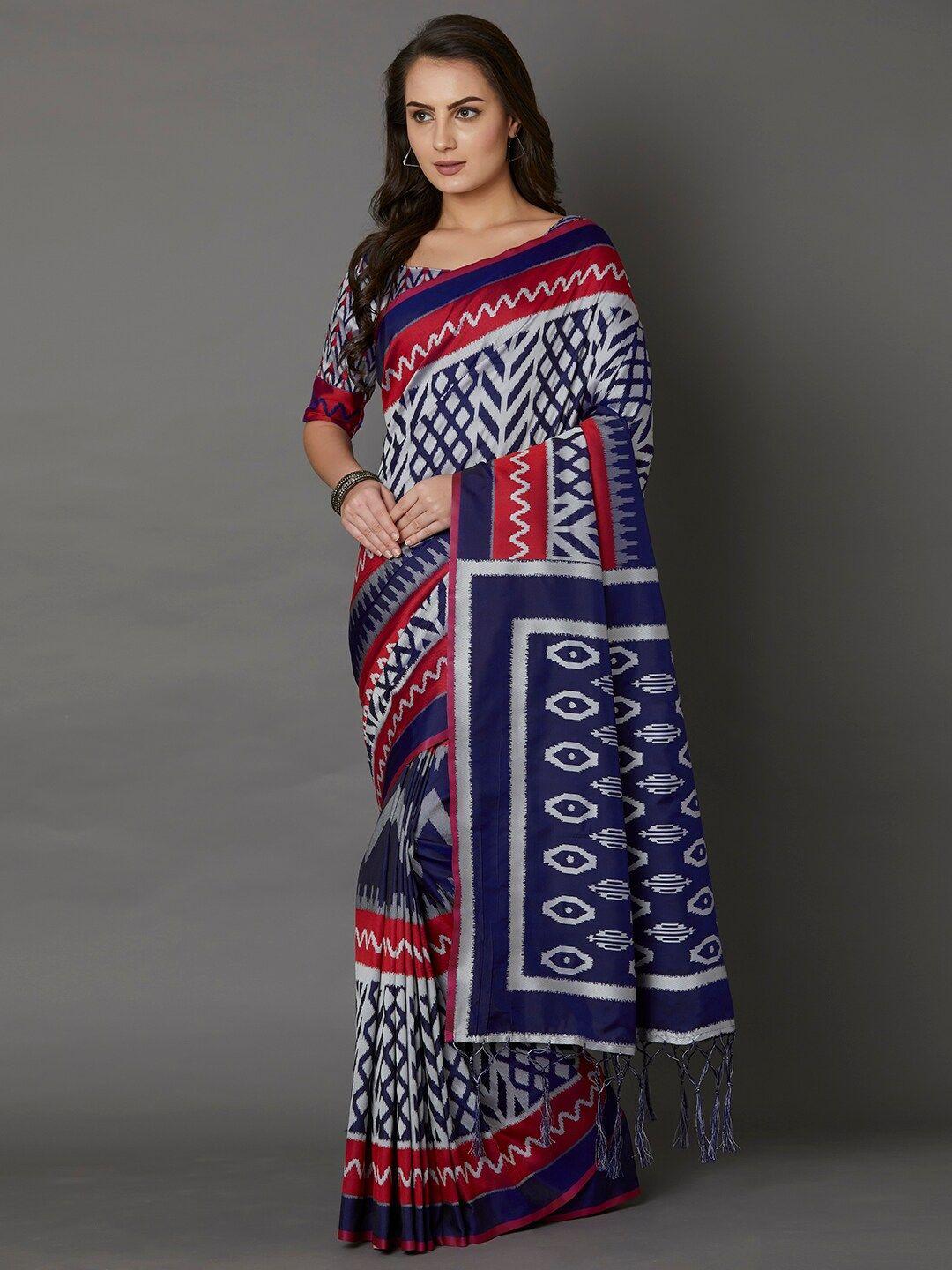 mitera women white & navy blue printed saree