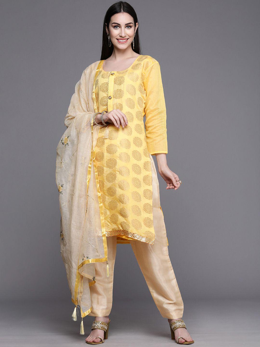 mitera women yellow & gold-toned unstitched kurta set material