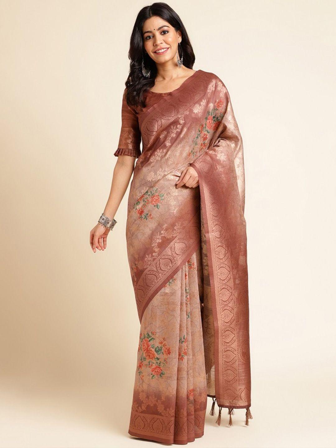 mitera woven design floral printed zari silk cotton saree