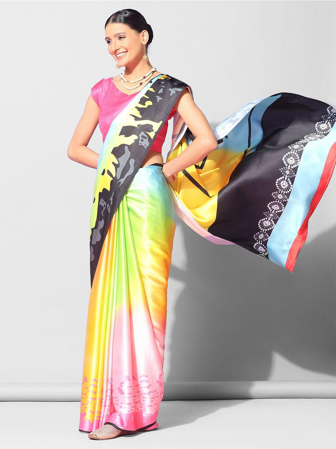 mitera yellow & black patchwork satin saree