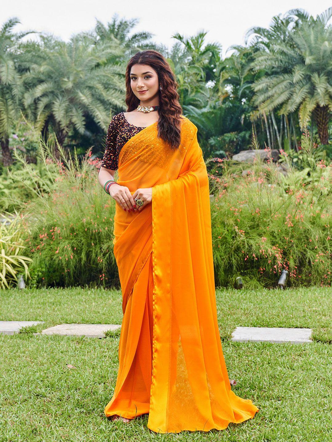 mitera yellow & black sequinned pure chiffon saree