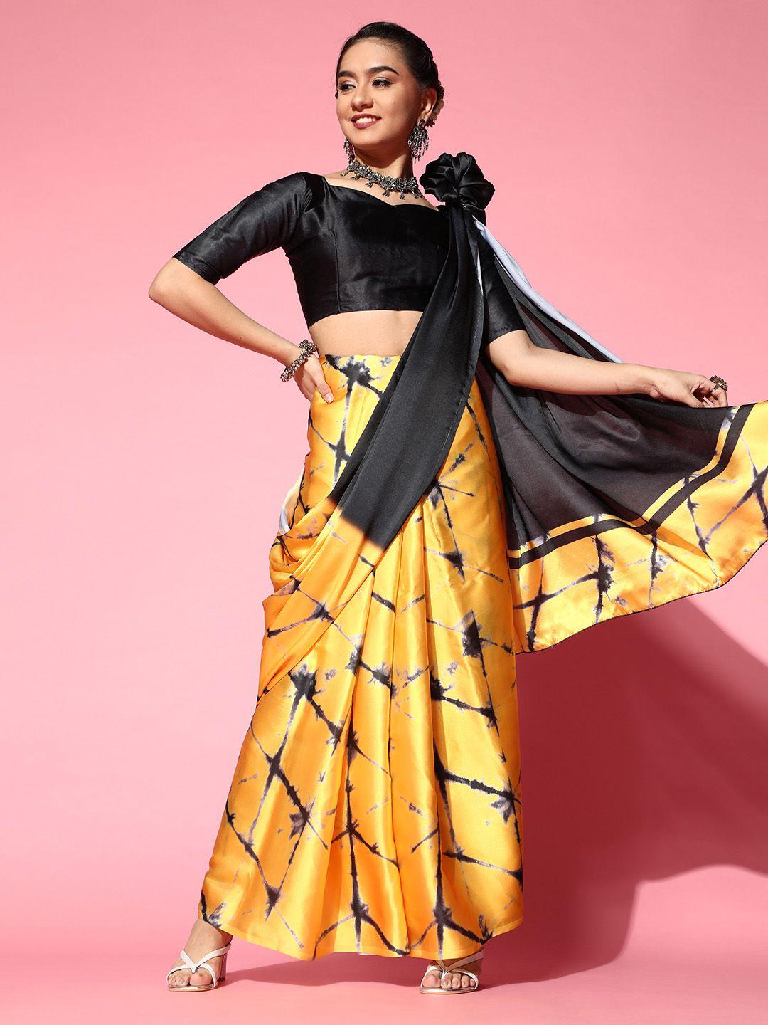 mitera yellow & black tie and dye print saree