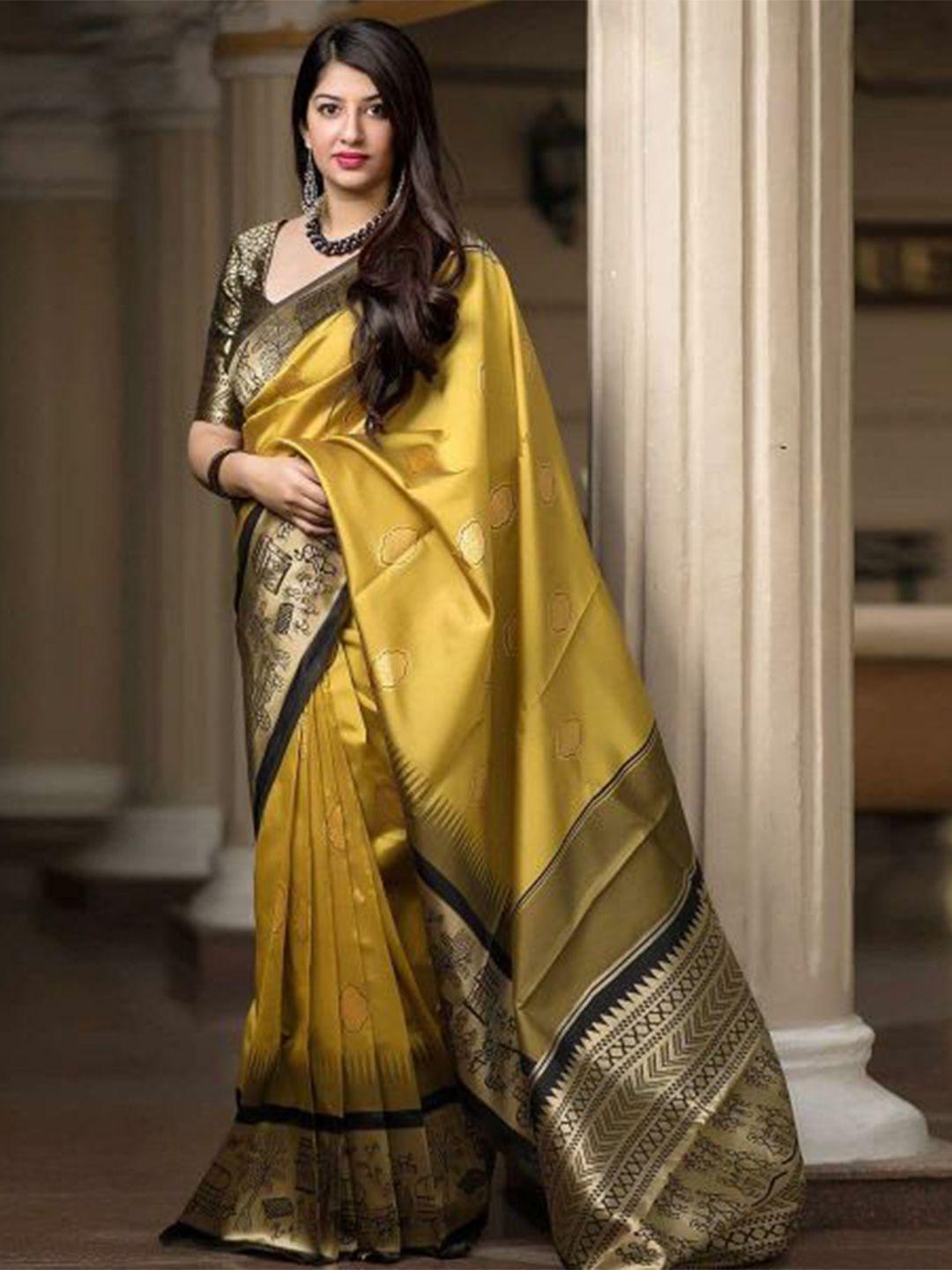 mitera yellow & black woven design zari art silk saree