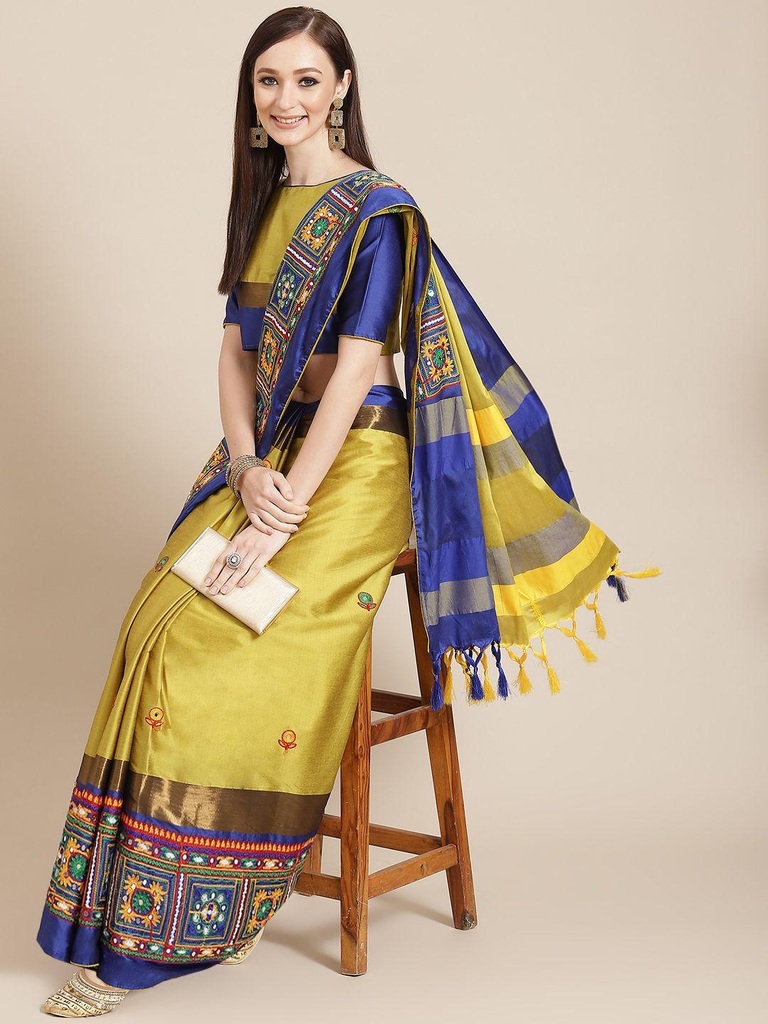 mitera yellow & blue ethnic motifs embroidered silk cotton chanderi saree