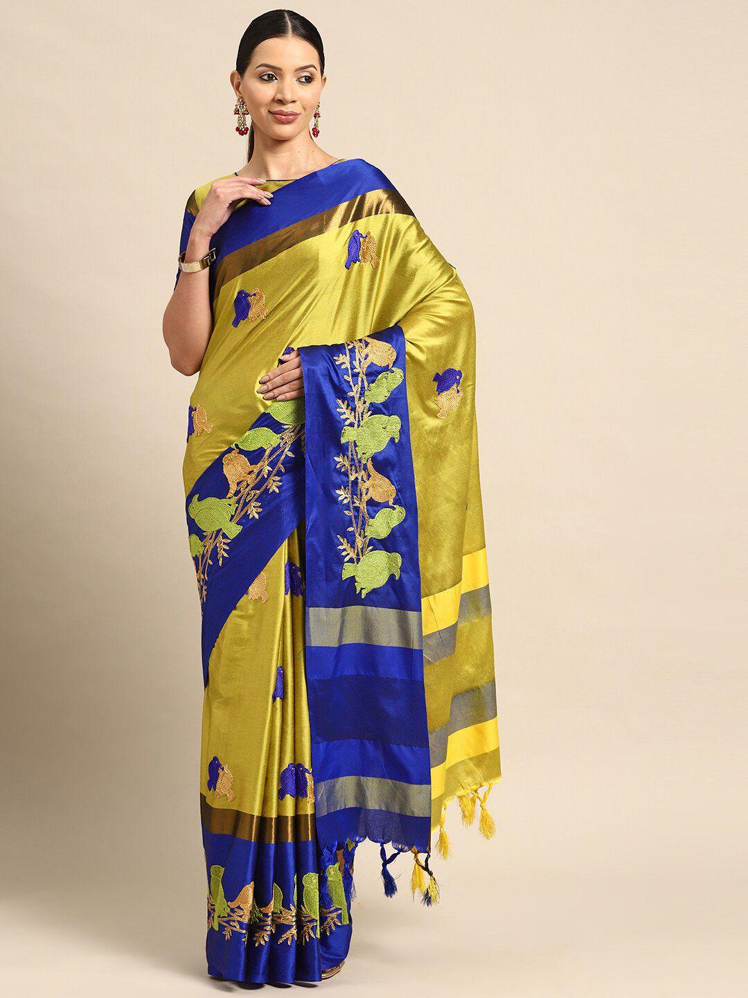 mitera yellow & blue ethnic motifs zari silk cotton banarasi saree