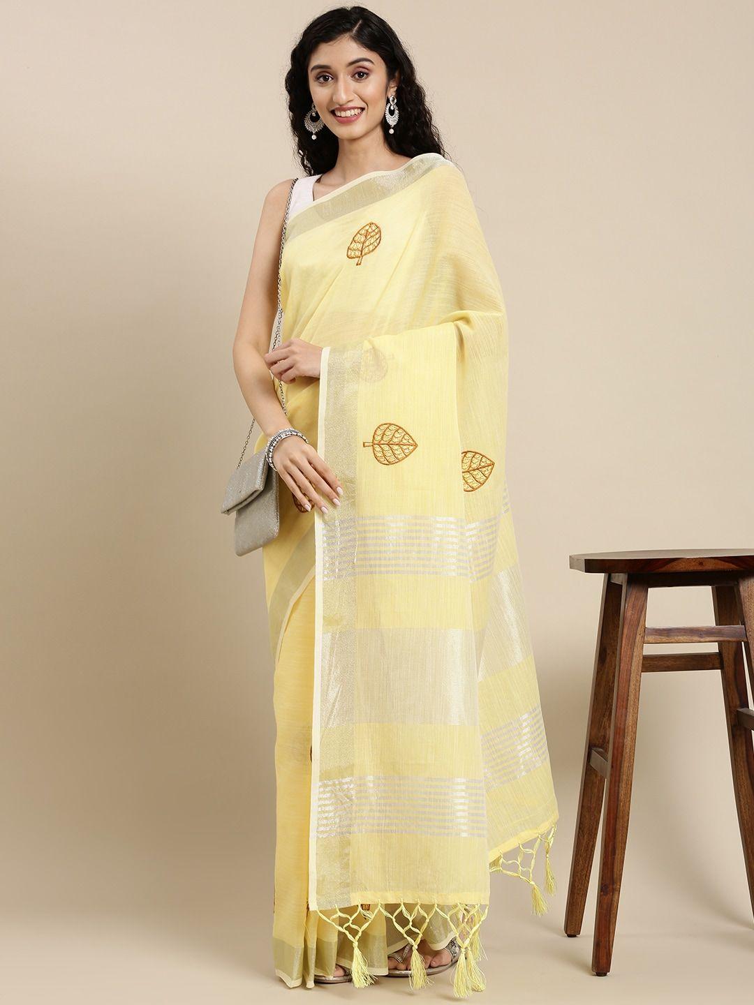 mitera yellow & brown ethnic motifs pure linen chettinad saree