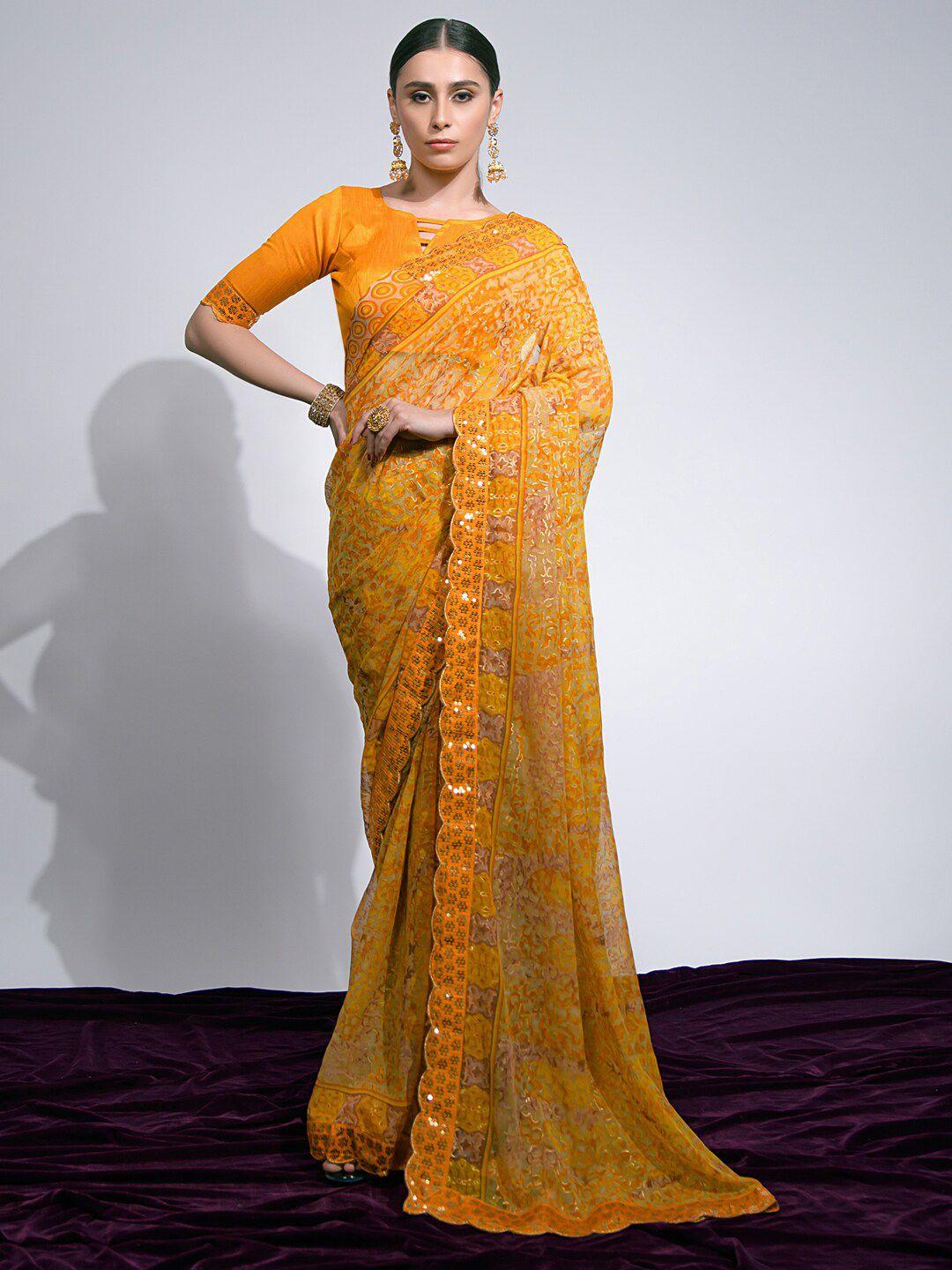 mitera yellow & gold-toned abstract printed sequinned pure chiffon saree