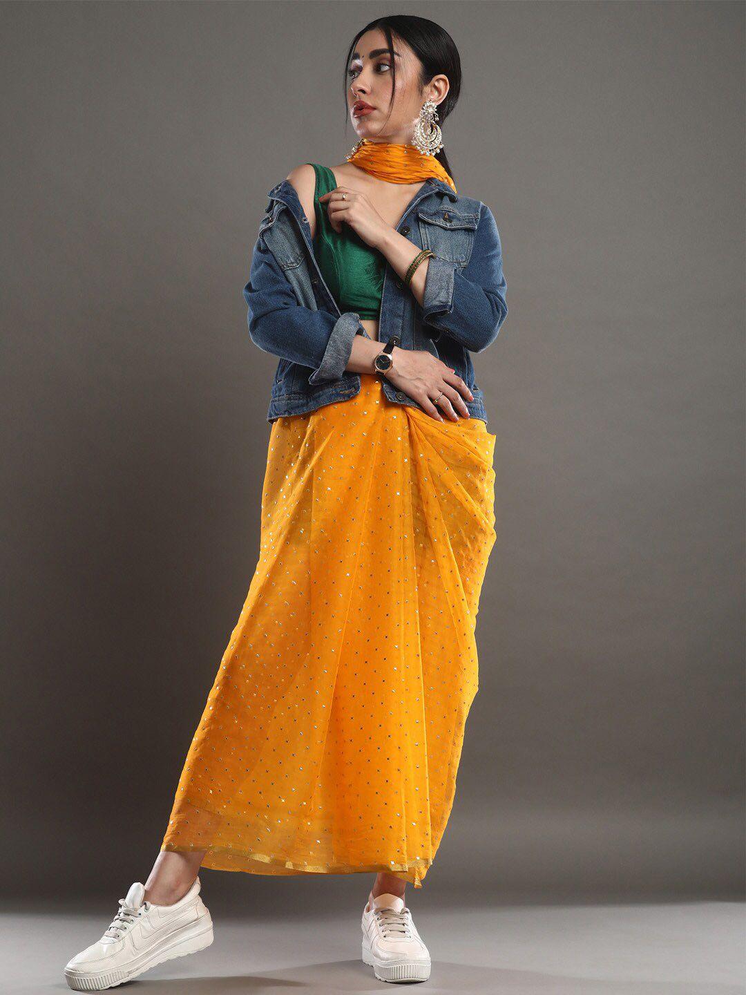 mitera yellow & gold-toned embellished gotta patti pure chiffon saree