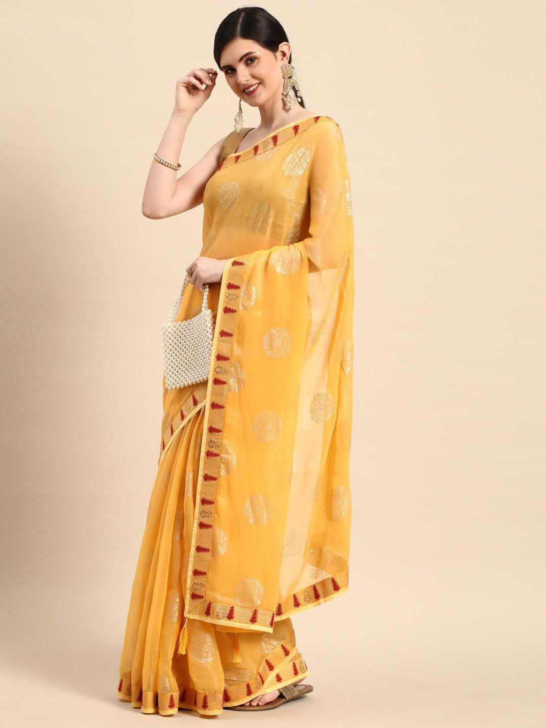 mitera yellow & gold-toned ethnic motifs printed zari pure chiffon saree