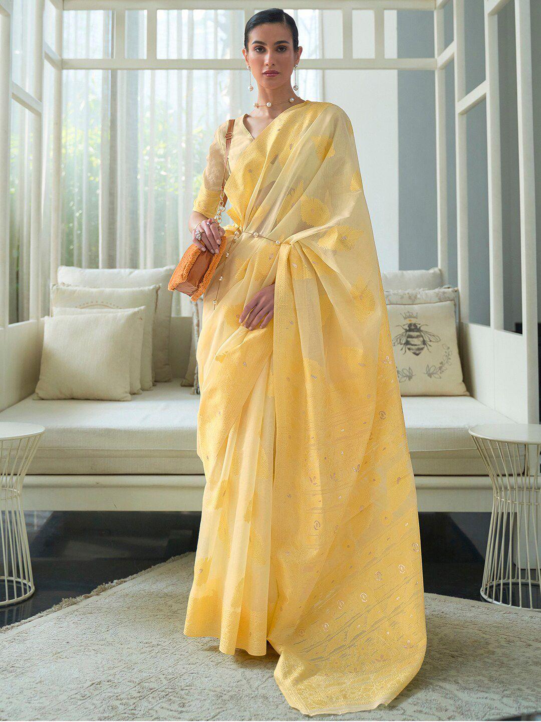 mitera yellow & gold-toned ethnic motifs zari linen blend banarasi saree