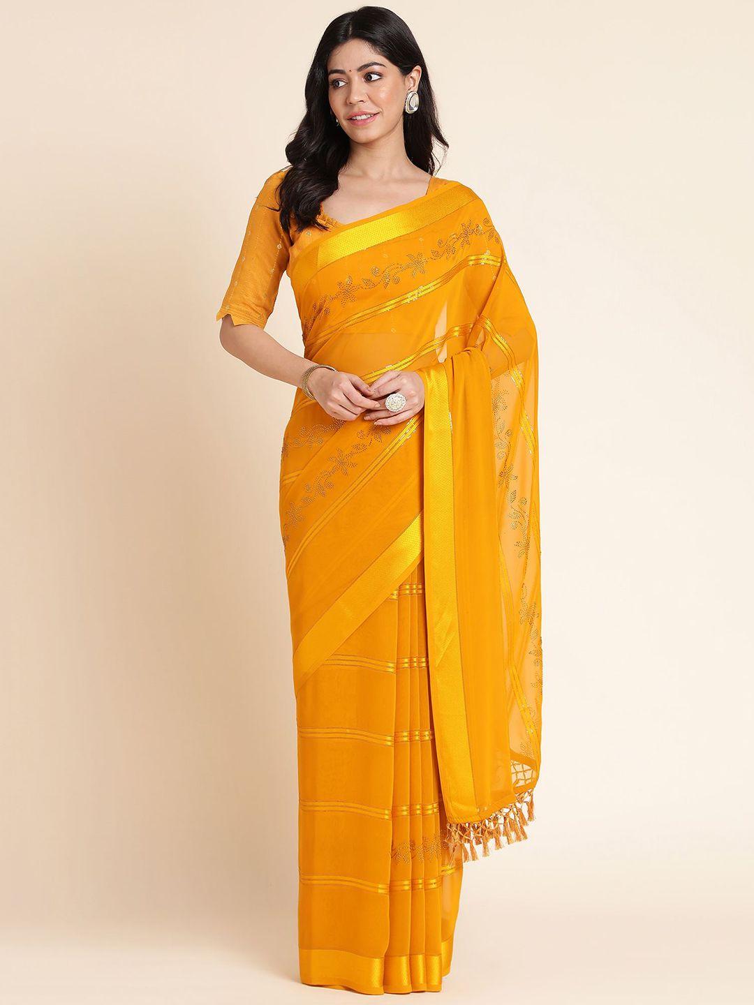 mitera yellow & gold-toned floral beads and stones pure georgette saree