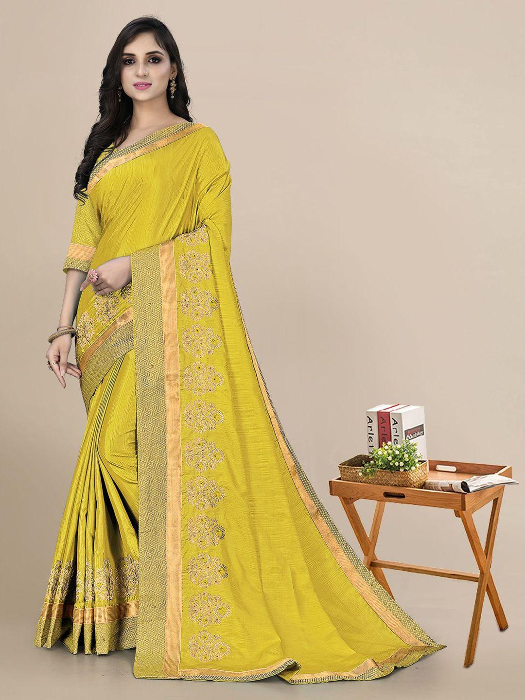mitera yellow & gold-toned floral beads and stones silk blend saree