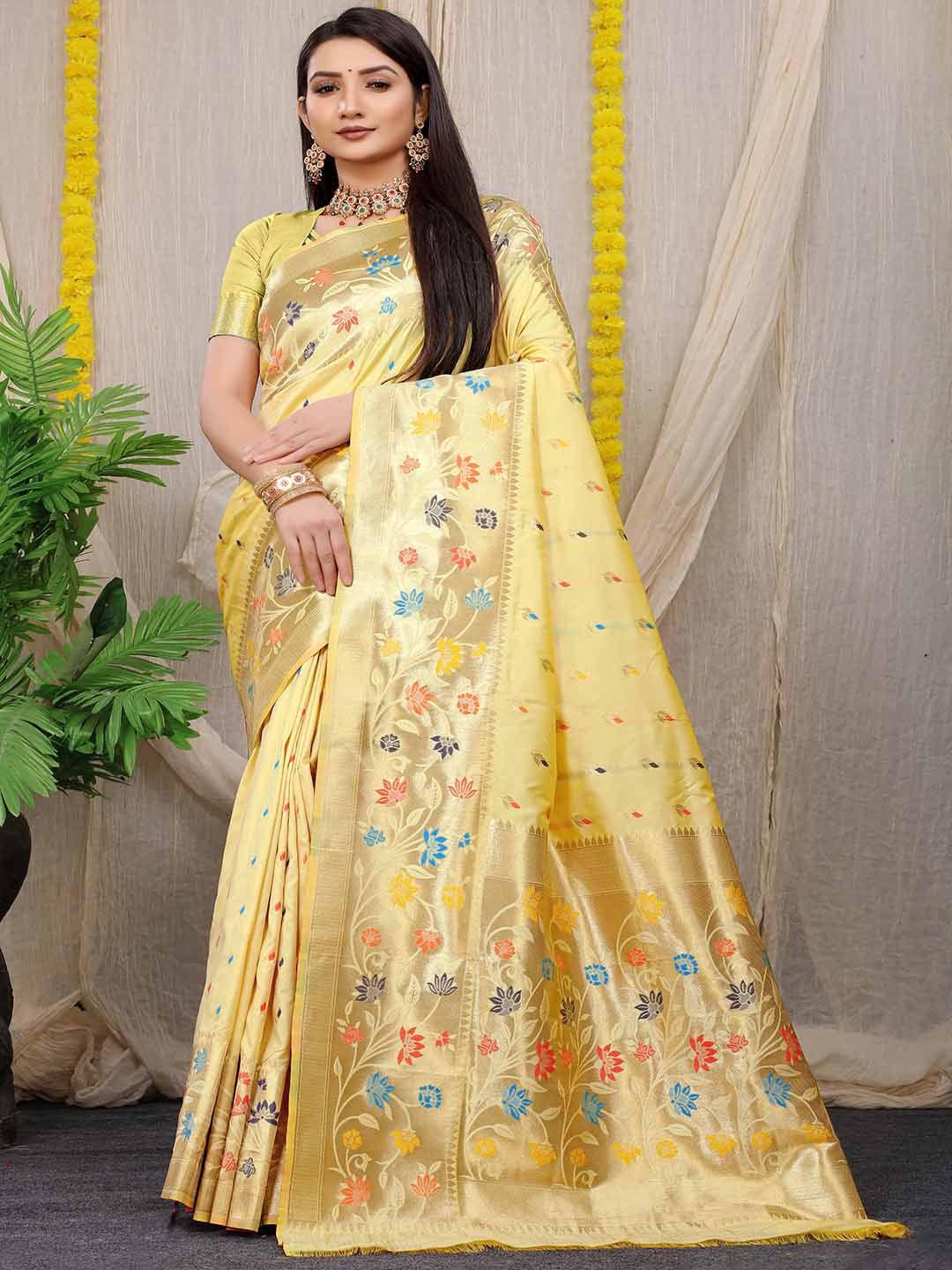 mitera yellow & gold-toned floral woven design zari art silk saree