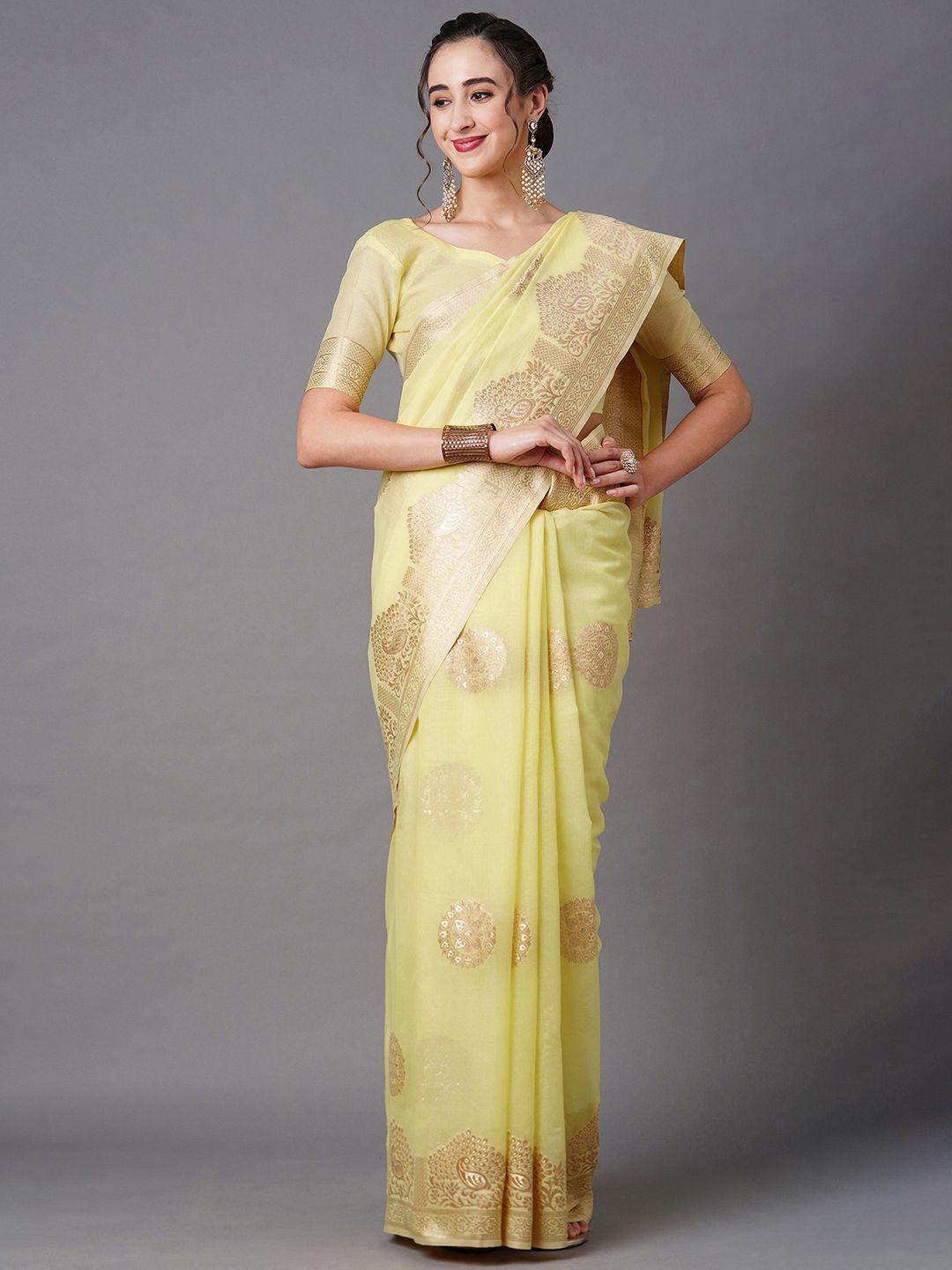 mitera yellow & gold-toned floral zari  banarasi saree