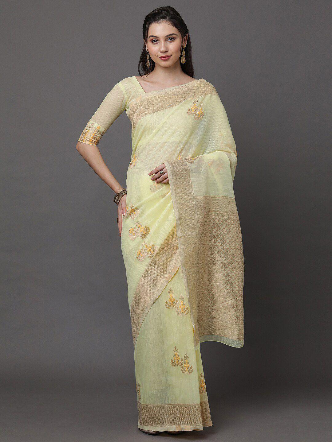 mitera yellow & gold-toned floral zari banarasi saree