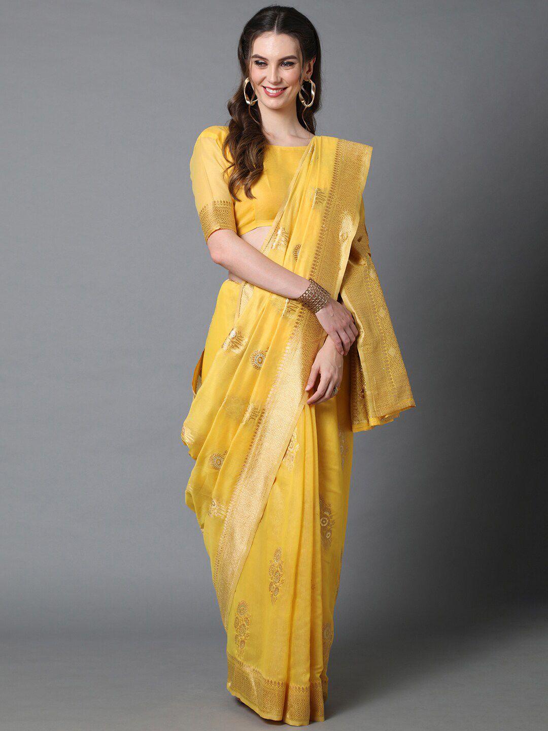 mitera yellow & gold-toned floral zari silk blend banarasi saree