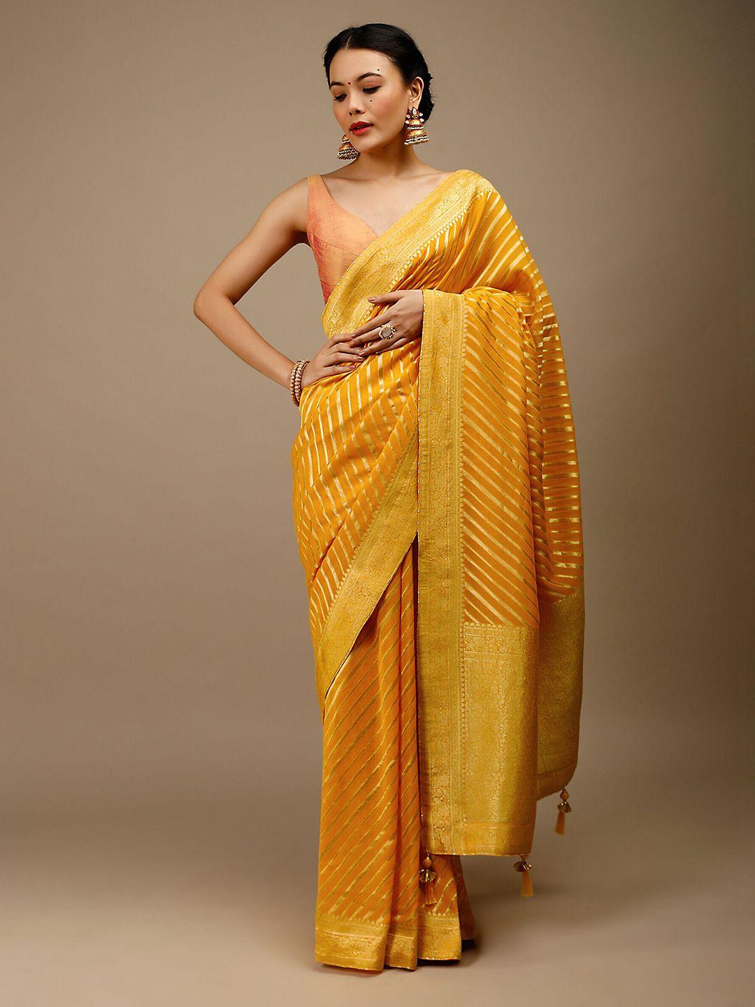 mitera yellow & gold-toned striped zari art silk banarasi saree