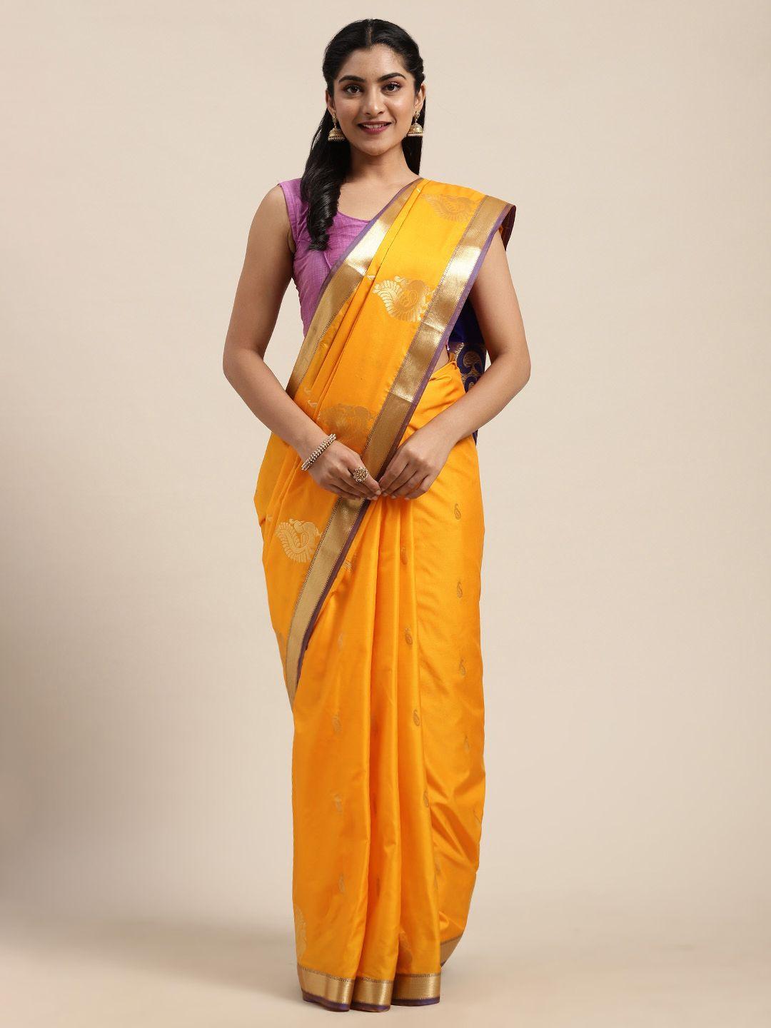 mitera yellow & gold-toned woven design kanjeevaram saree