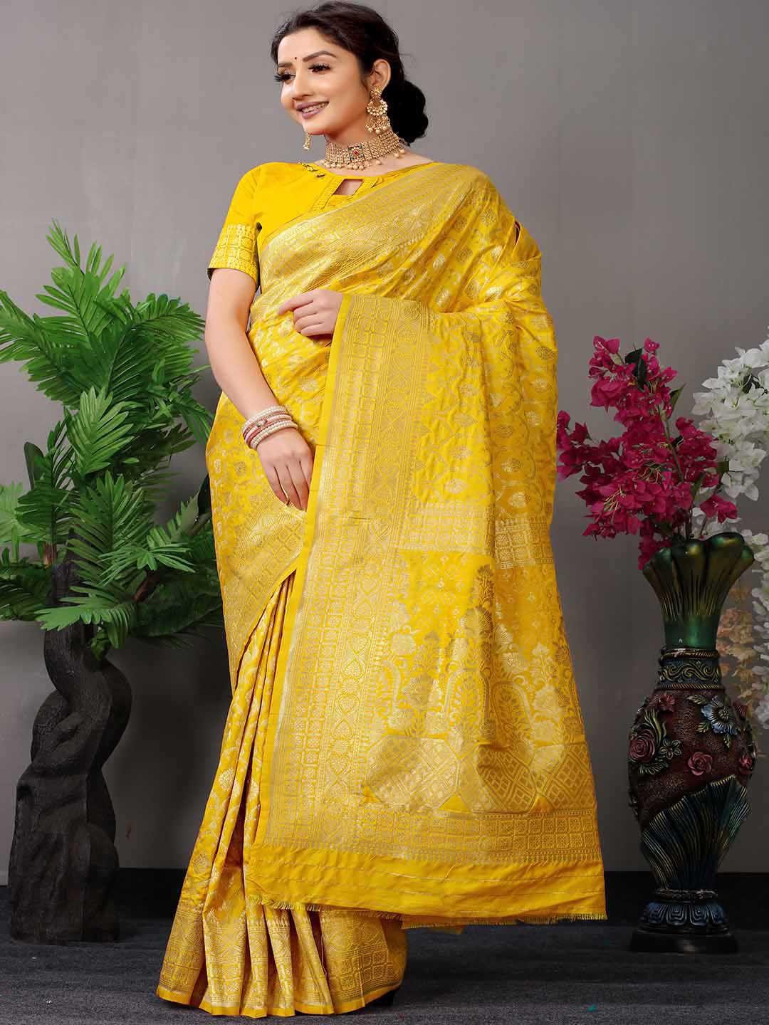 mitera yellow & gold-toned woven design zari art silk saree