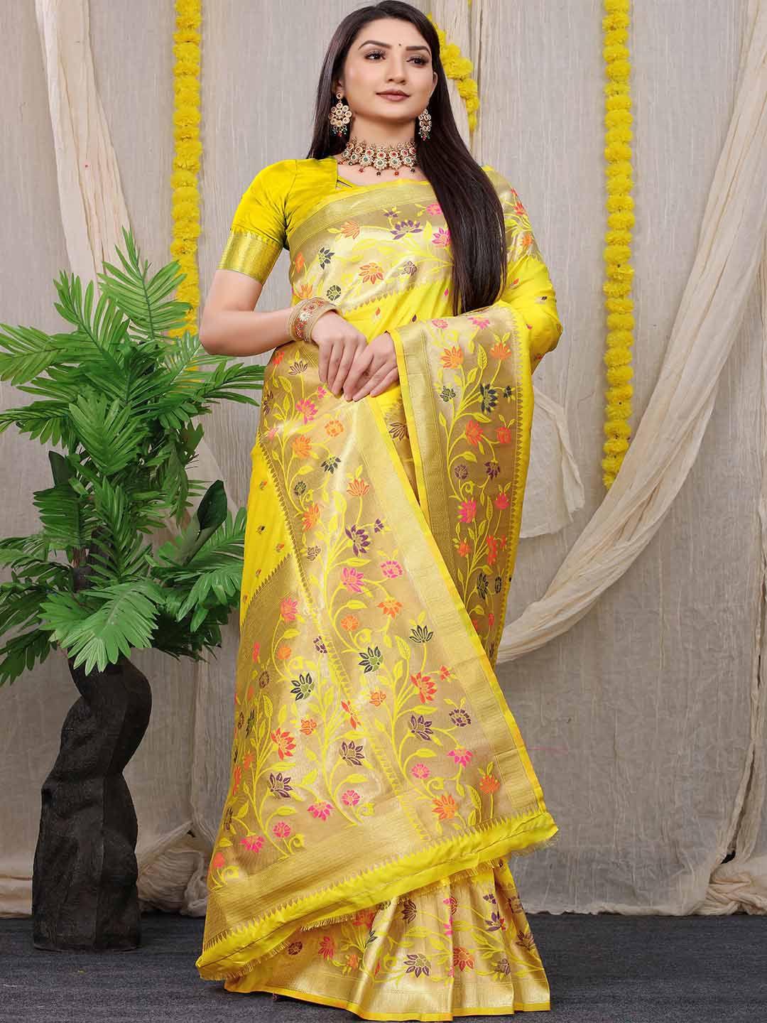 mitera yellow & gold-toned woven design zari art silk saree