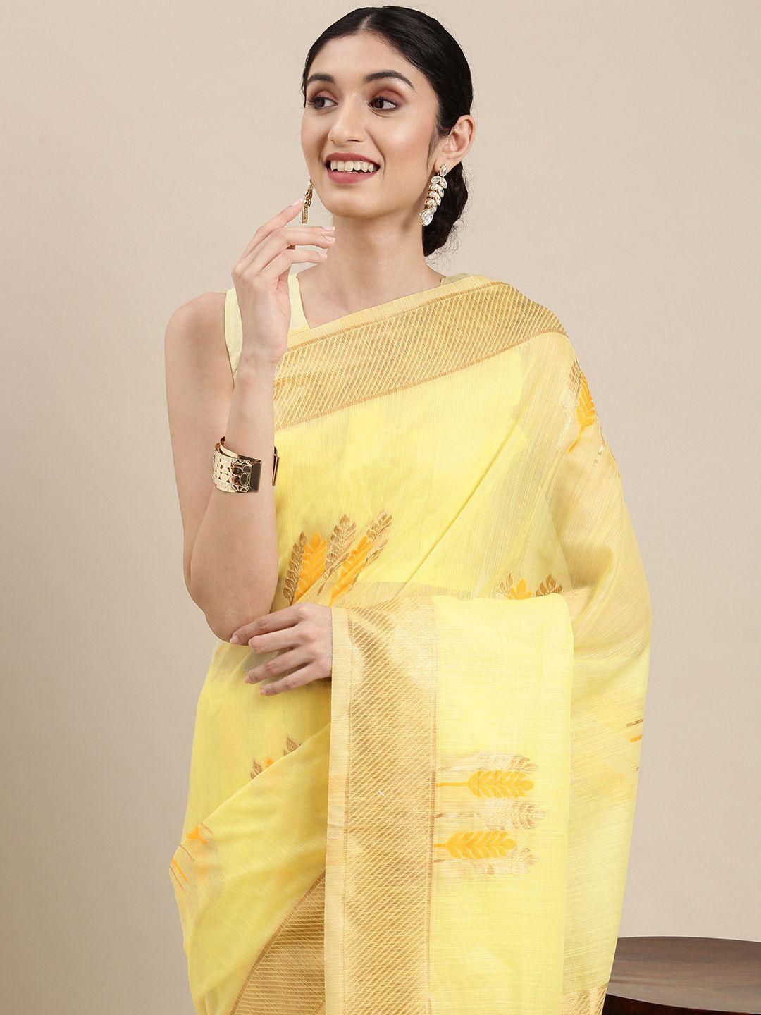 mitera yellow & golden ethnic design linen blend banarasi saree