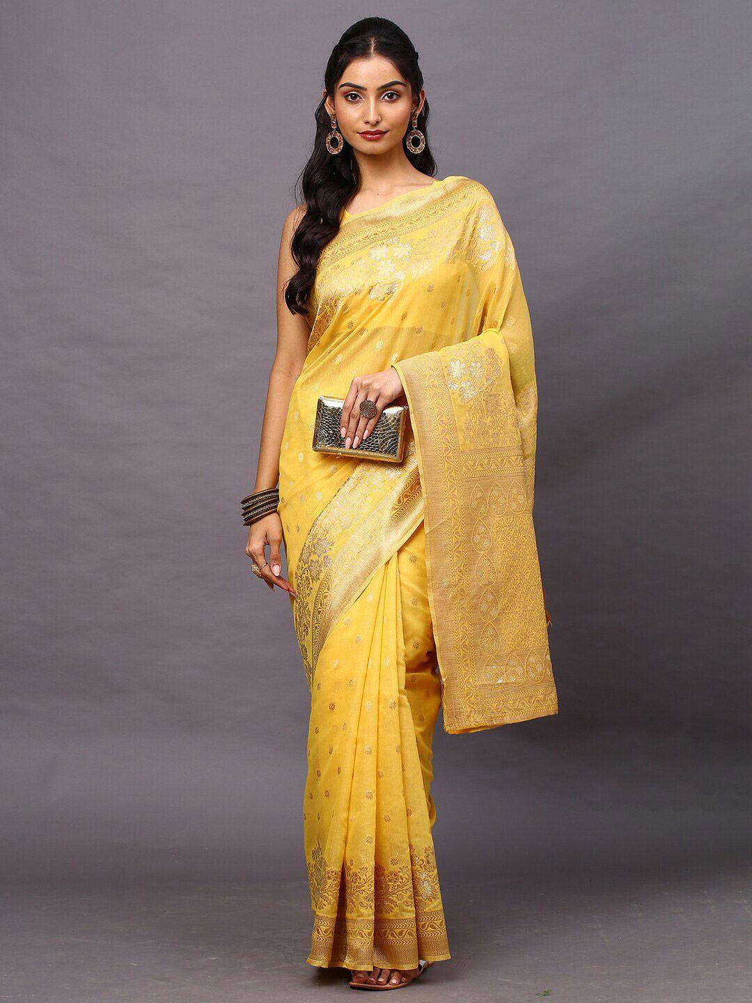 mitera yellow & golden ethnic motifs zari silk cotton banarasi saree