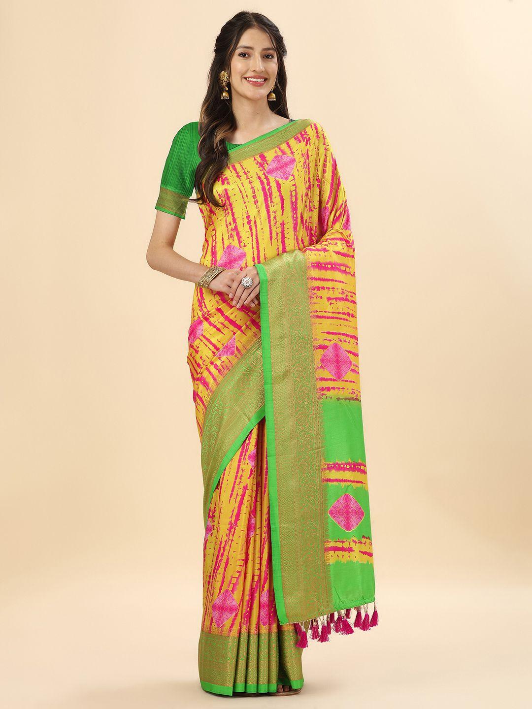 mitera yellow & green bandhani zari pure silk banarasi saree