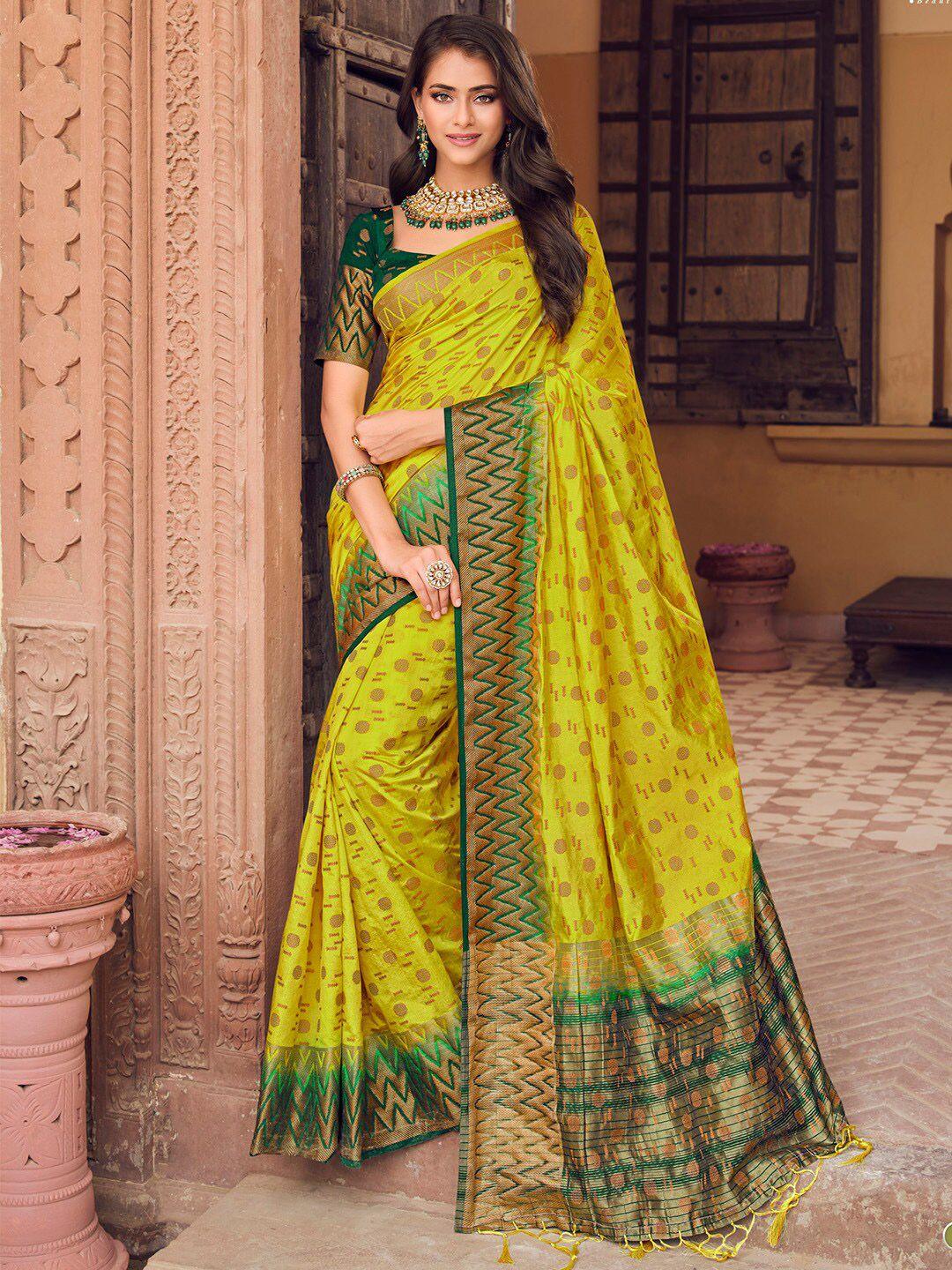 mitera yellow & green ethnic mofits woven design zari banarasi saree