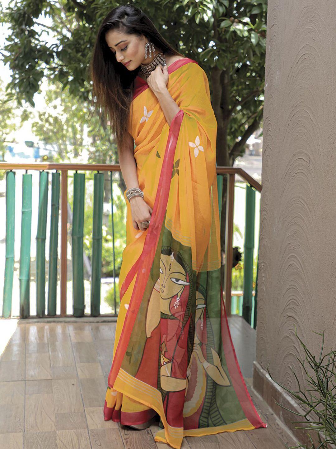 mitera yellow & green ethnic motifs saree