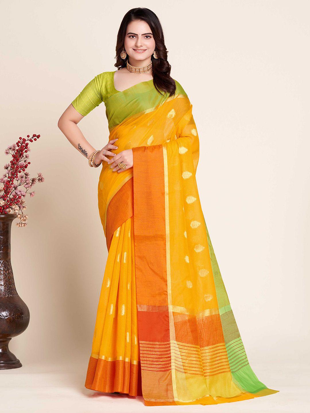 mitera yellow & green ethnic motifs woven design zari saree