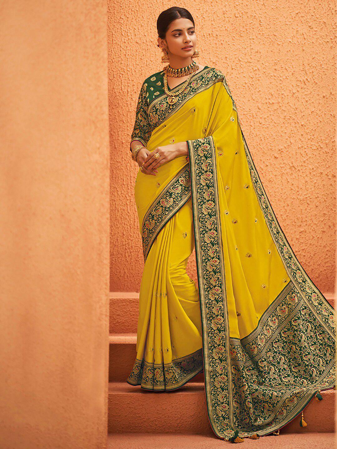 mitera yellow & green ethnic motifs woven design zari silk blend banarasi saree