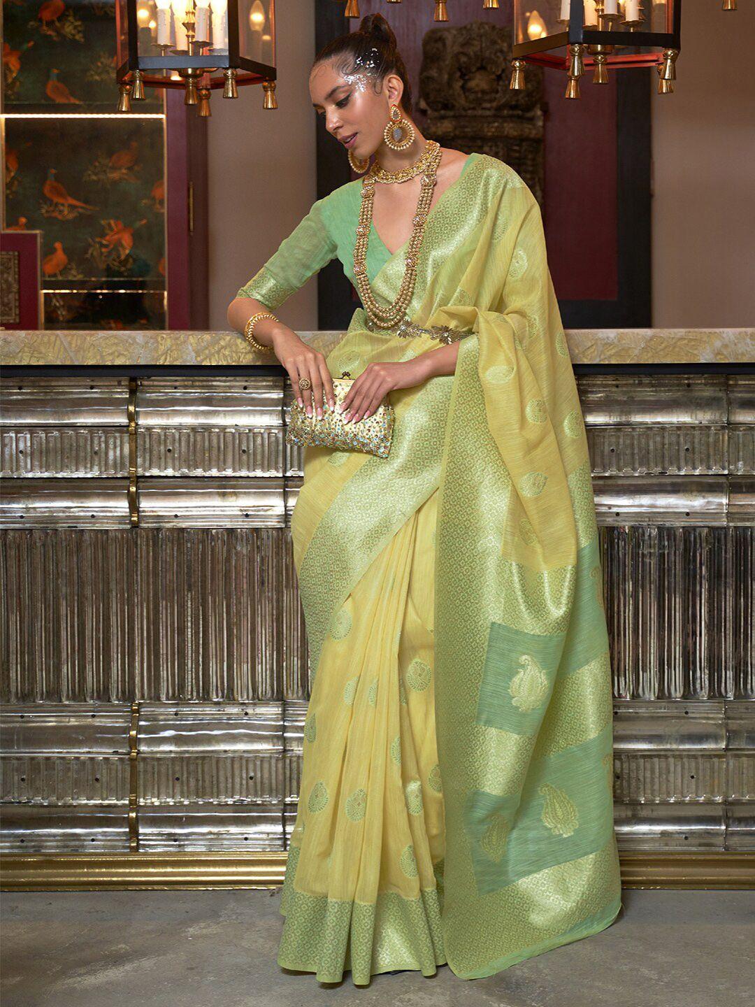 mitera yellow & green ethnic motifs zari pure linen bagru saree