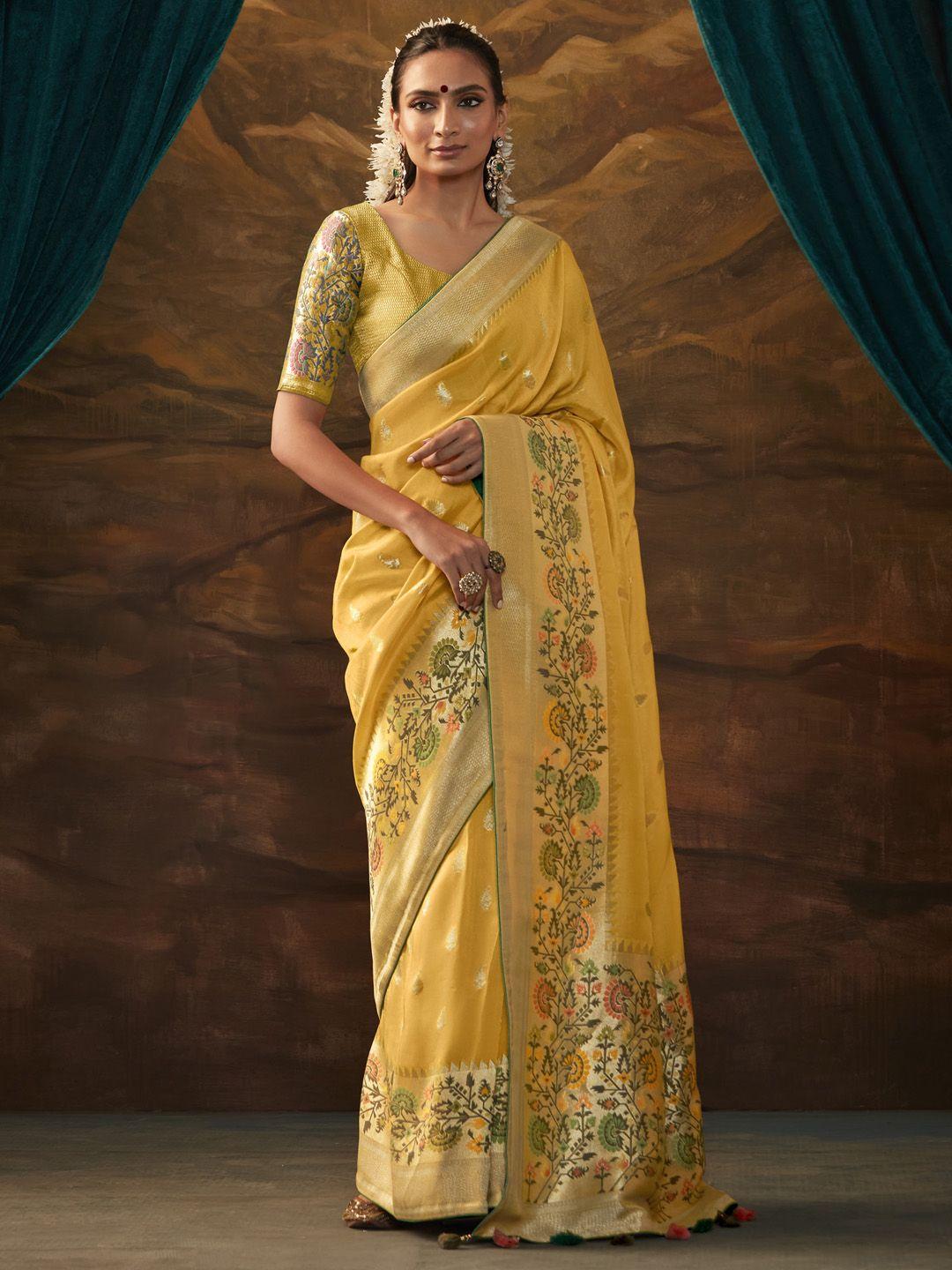 mitera yellow & green ethnic motifs zari silk banarasi saree