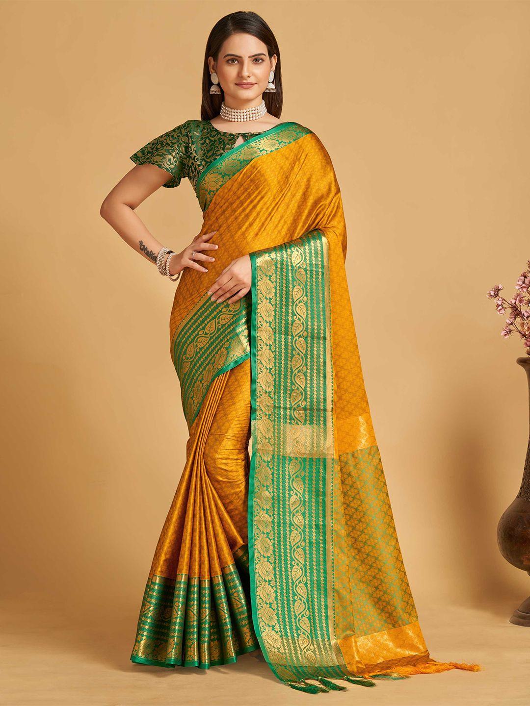 mitera yellow & green ethnic woven design zari silk cotton banarasi saree