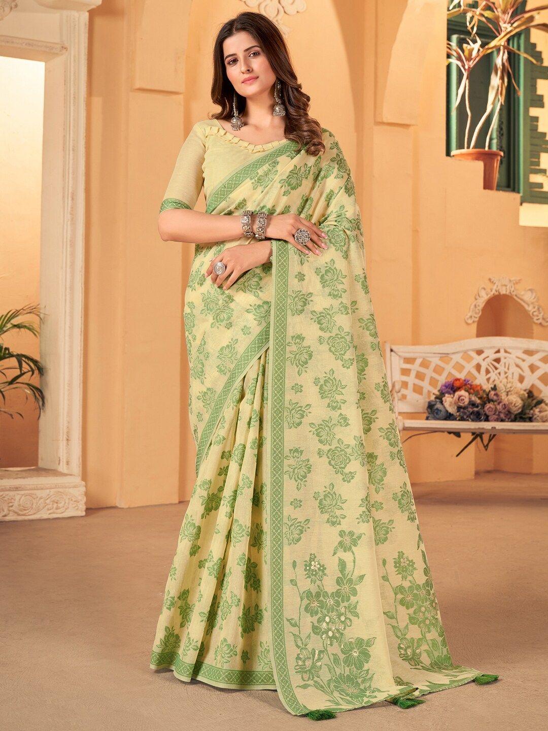 mitera yellow & green floral woven design banarasi saree