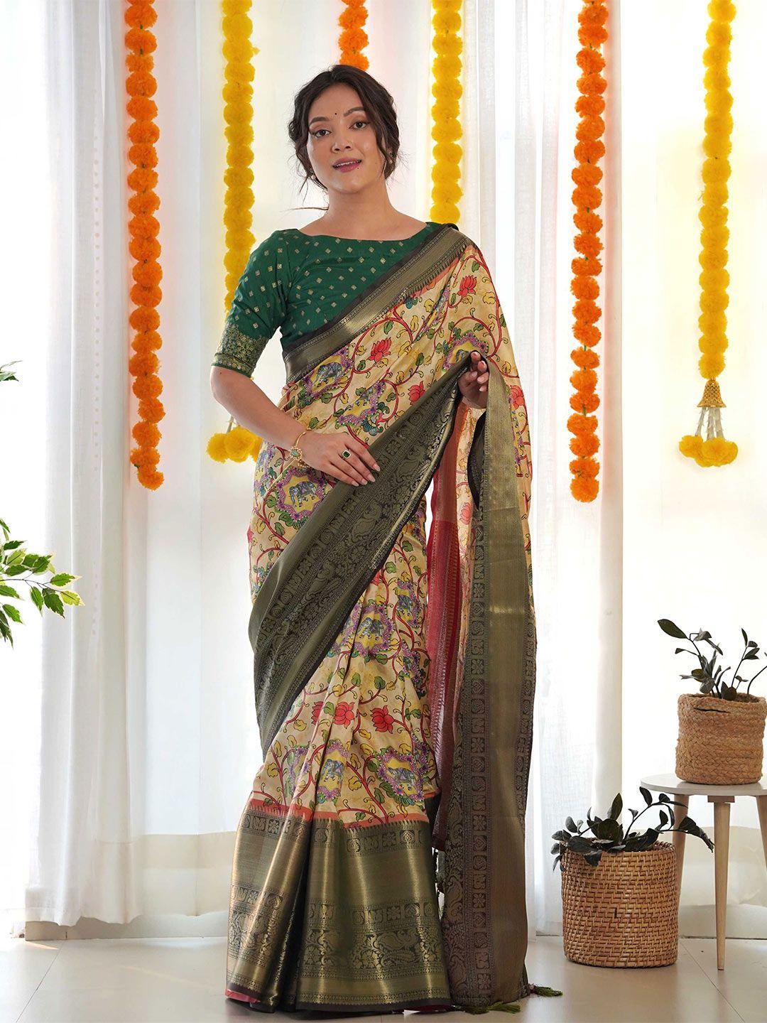 mitera yellow & green kalamkari zari silk blend saree