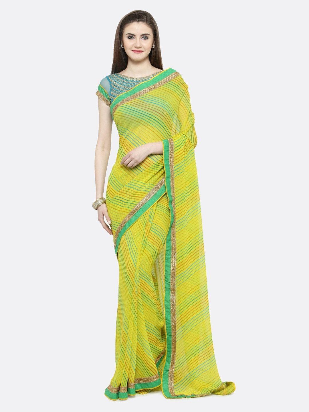 mitera yellow & green leheriya embroidered pure georgette saree