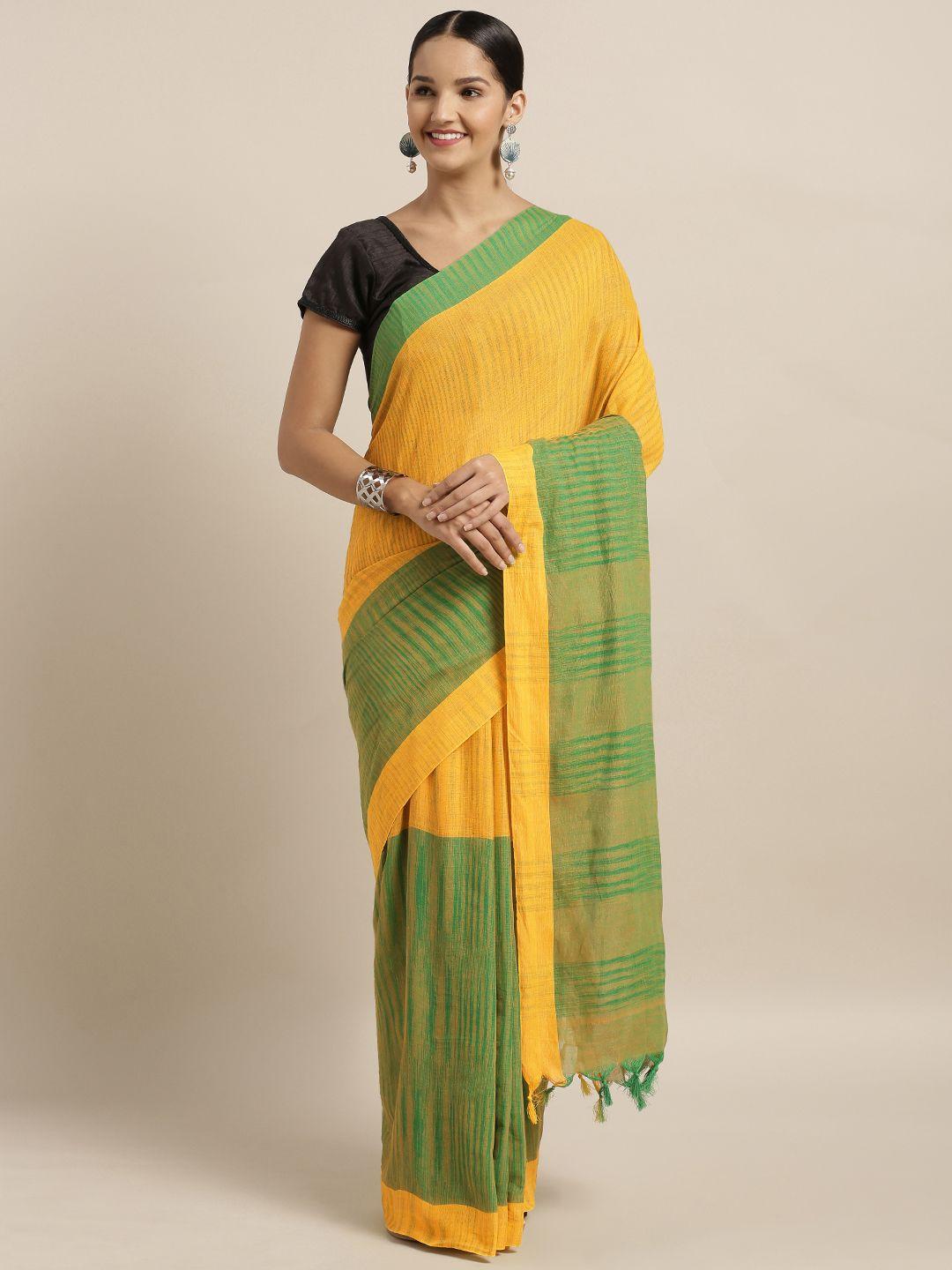 mitera yellow & green linen blend solid bhagalpuri saree