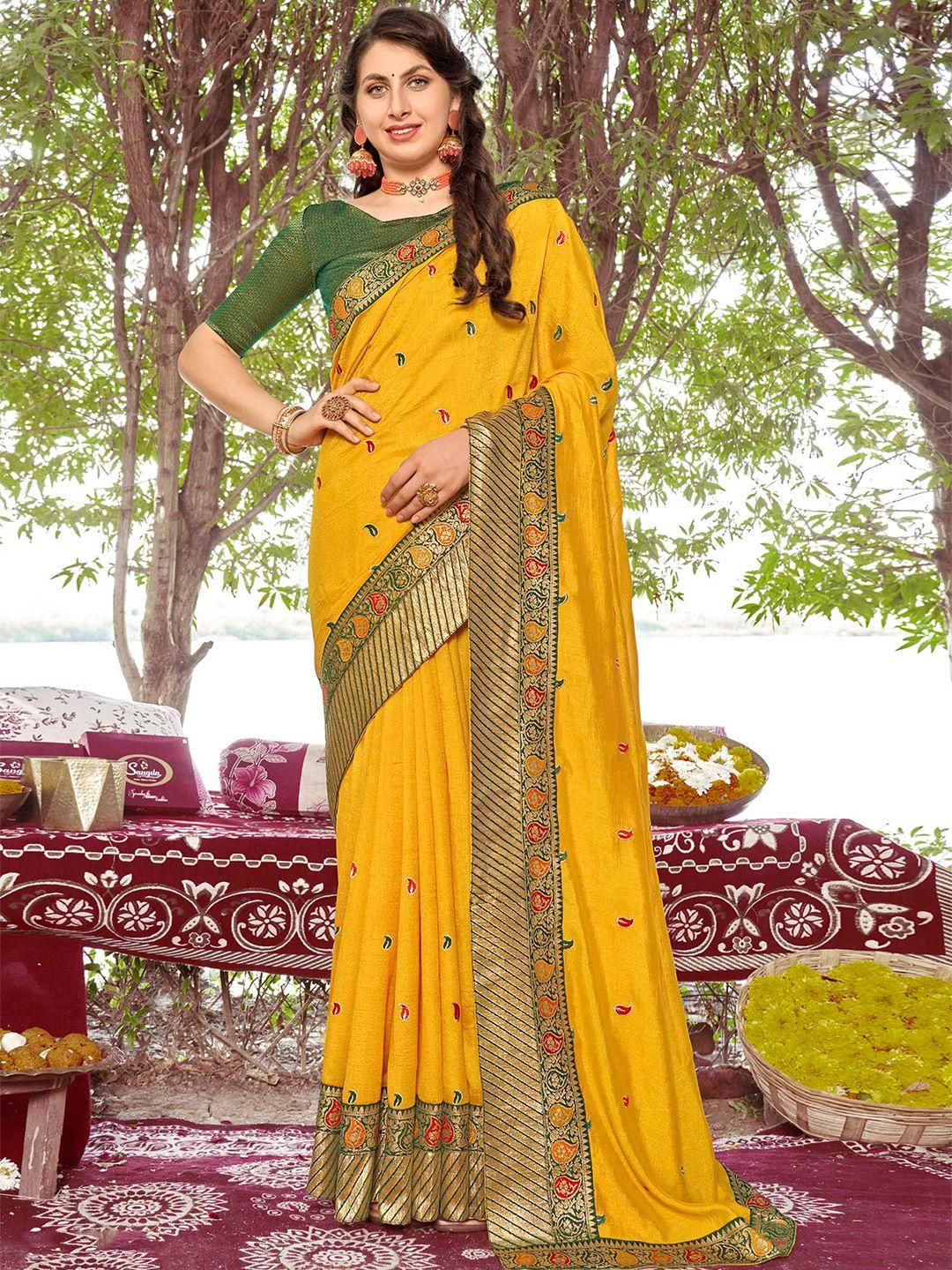 mitera yellow & green paisley embroidered saree