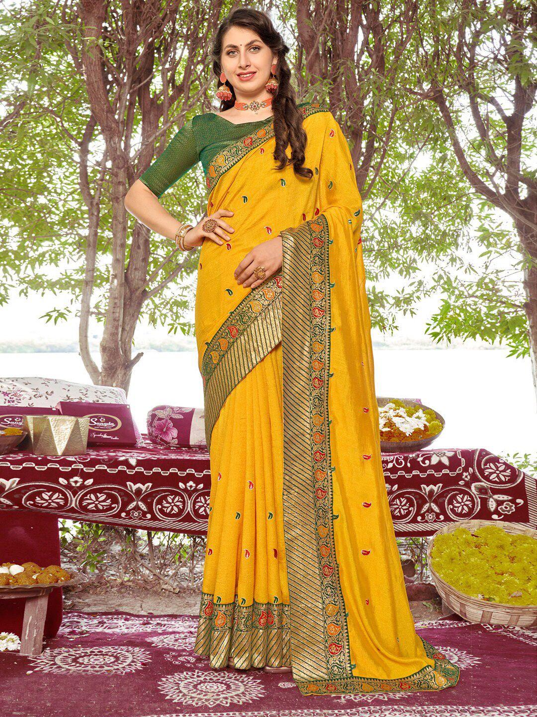 mitera yellow & green paisley embroidered zari saree